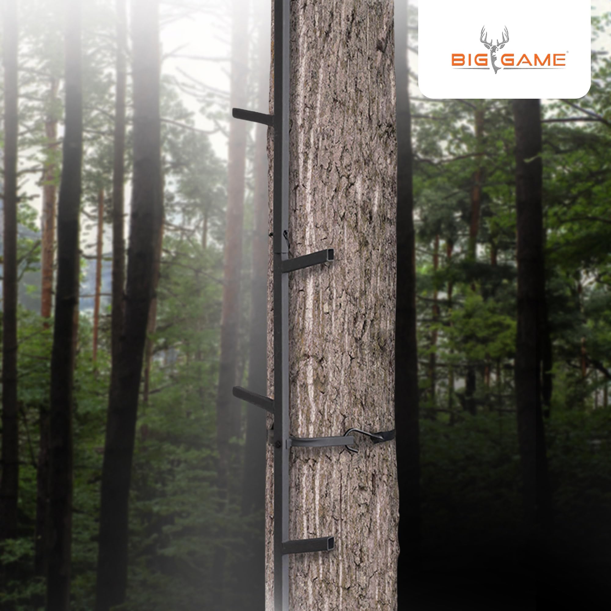 BIG GAME cam buckle straps secure to trees for reliable, quick attachment