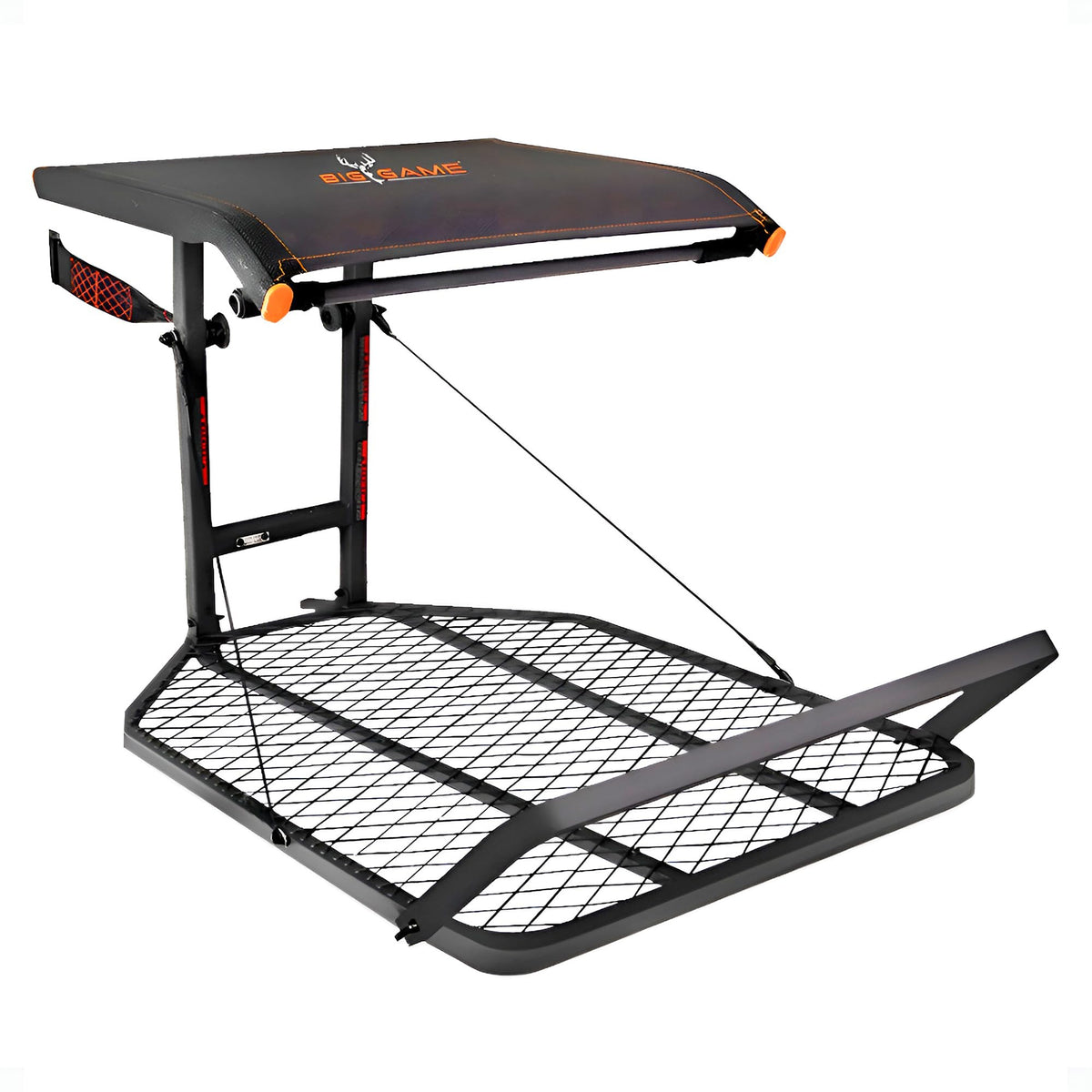 Big Game Captain XC Hang-On Stand with flip-back seat offers full platform access for comfort.