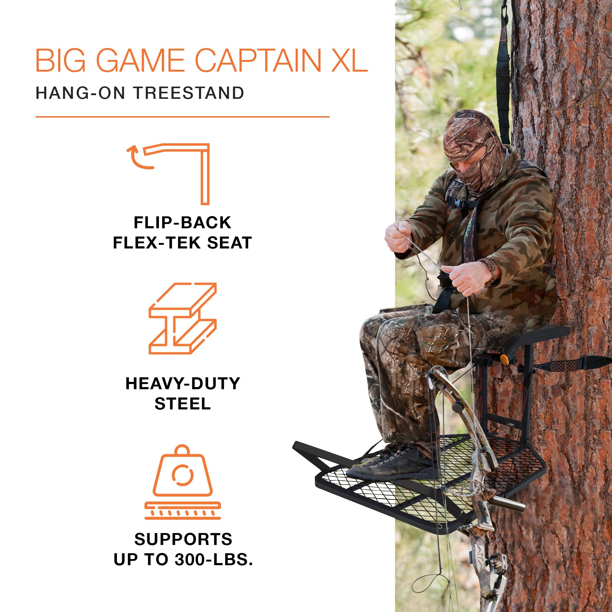 Big Game Captain XC Hang-On Stand with removable backrest supports extended comfort during waits.