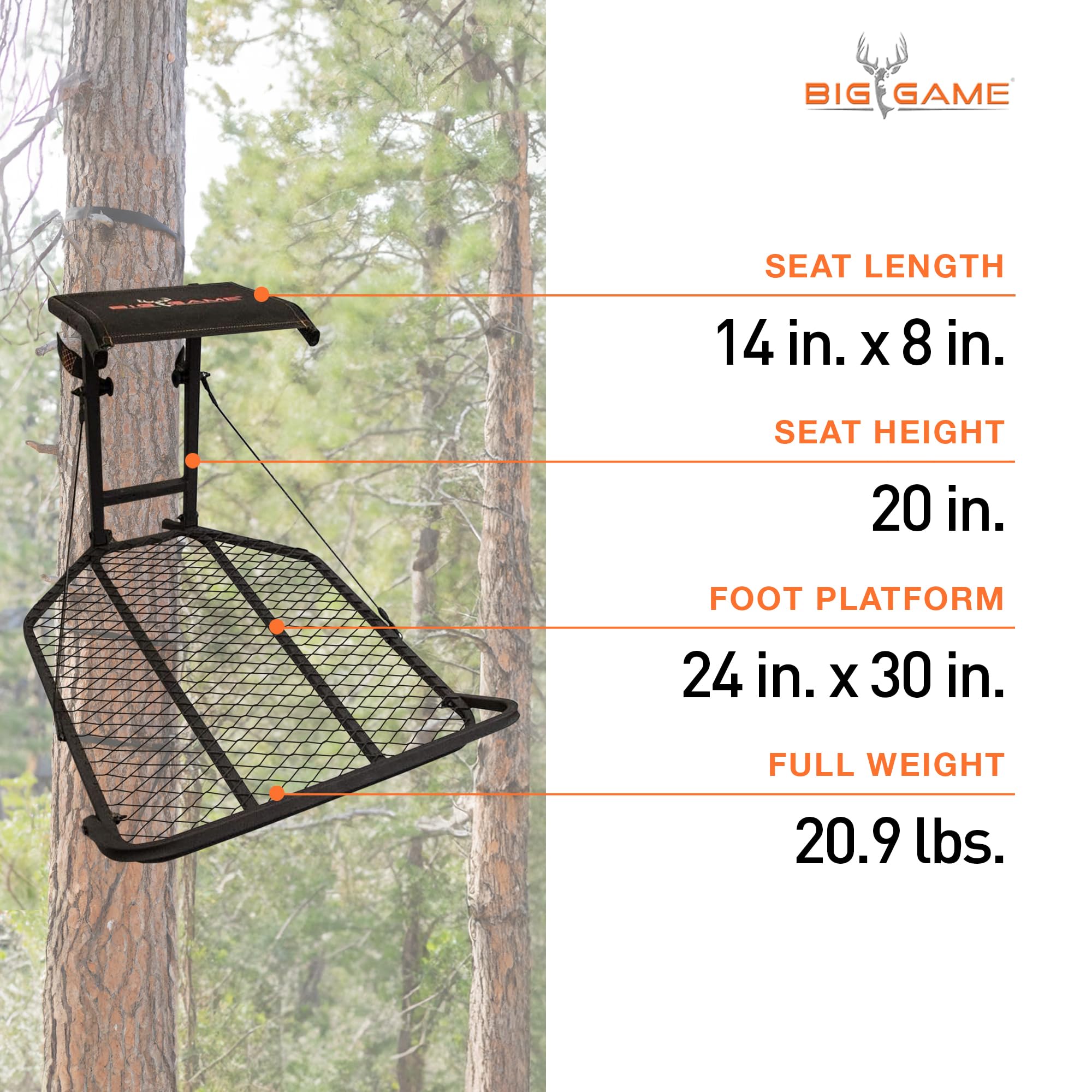 Big Game Captain XC Hang-On Stand sturdy steel frame delivers durable field performance.