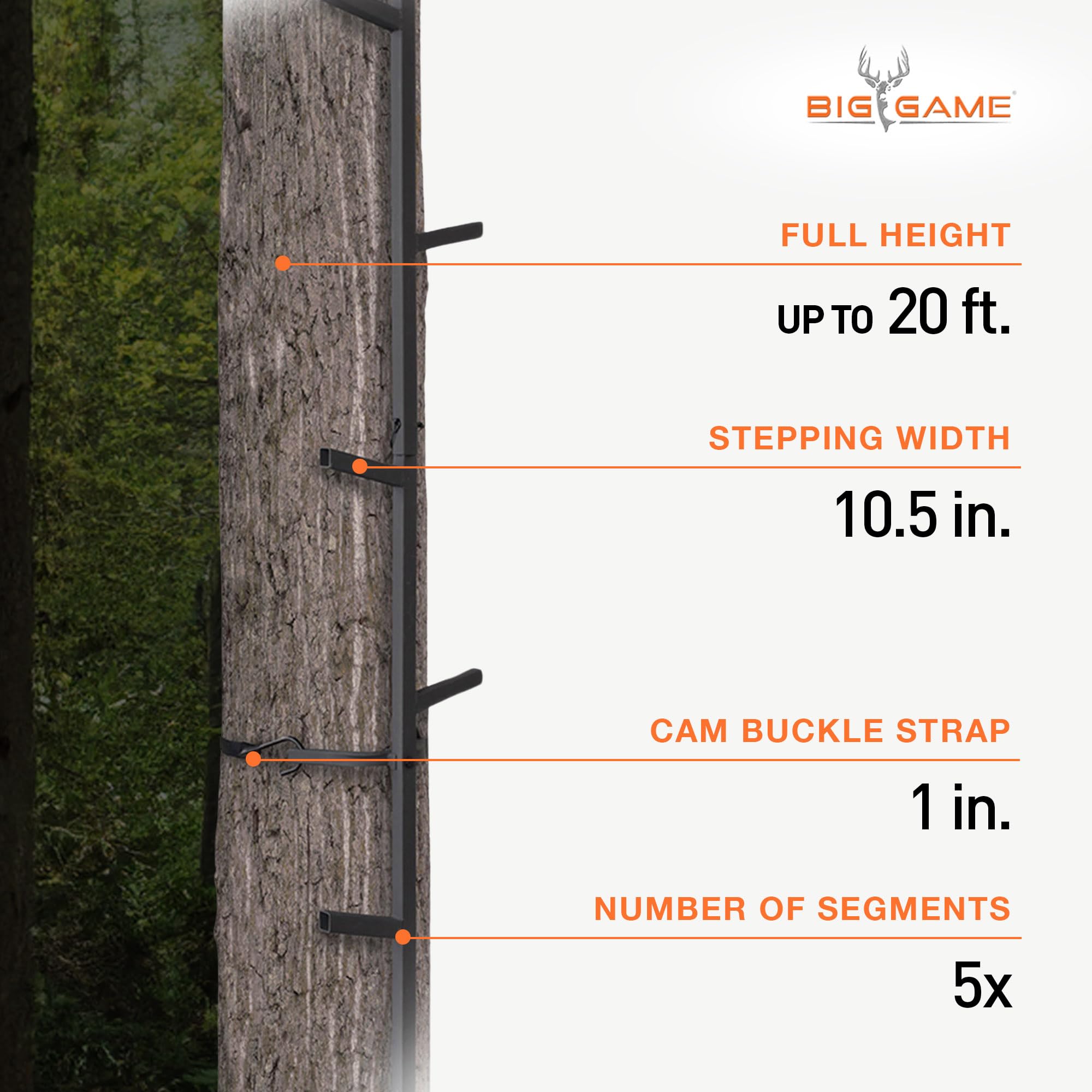 BIG GAME tree stand access setup demonstrating easy height reach and stable ascent