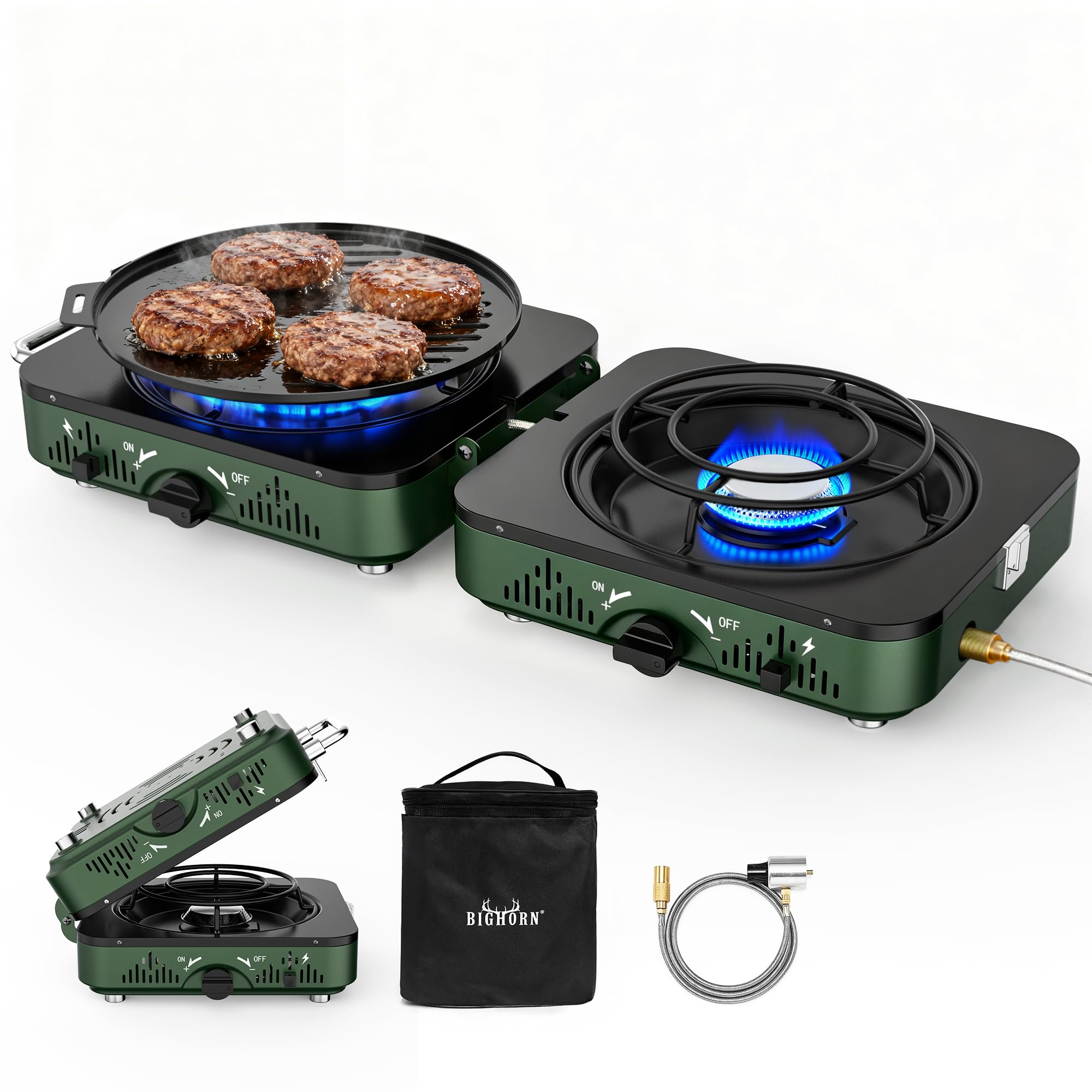 BIG HORN OUTDOORS 2-Burner camping stove ready for fast outdoor meals on the trail