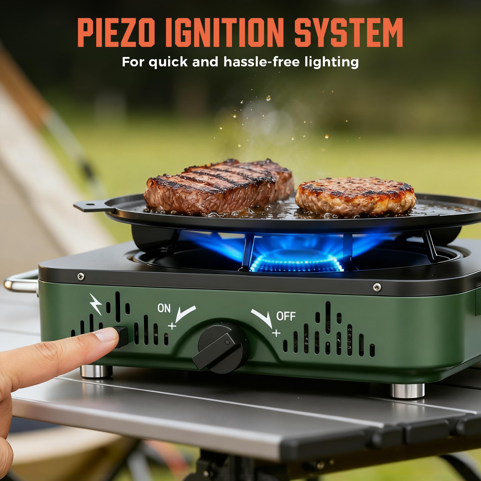BIG HORN OUTDOORS two-surface design enables grilling and eggs during outdoor meals