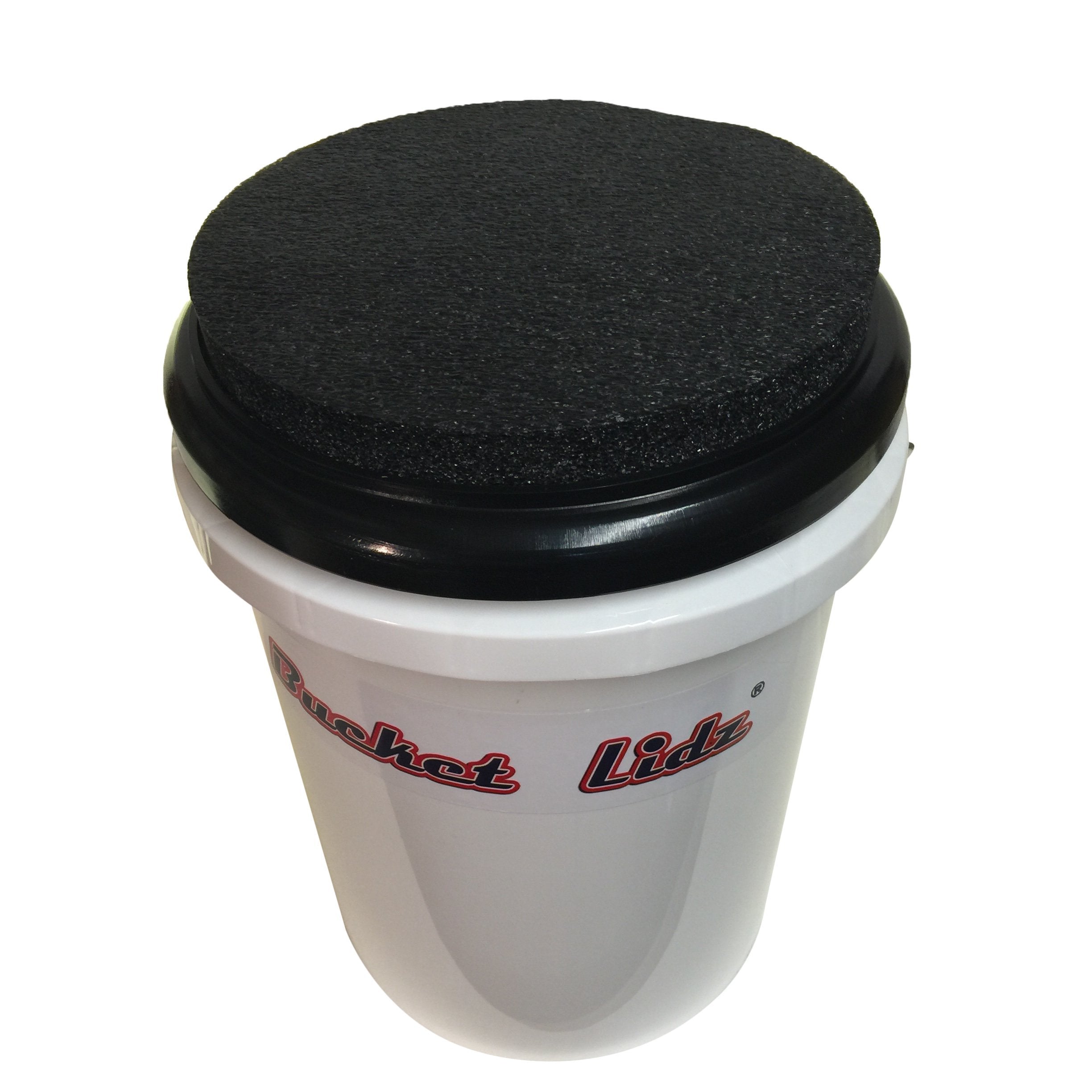 Bucket Lidz white-frame lid with black pad for garage tasks.
