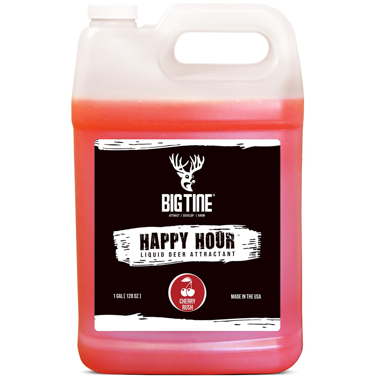 Big Tine Happy Hour liquid deer mineral attractant with Cherry Rush scent and flavor