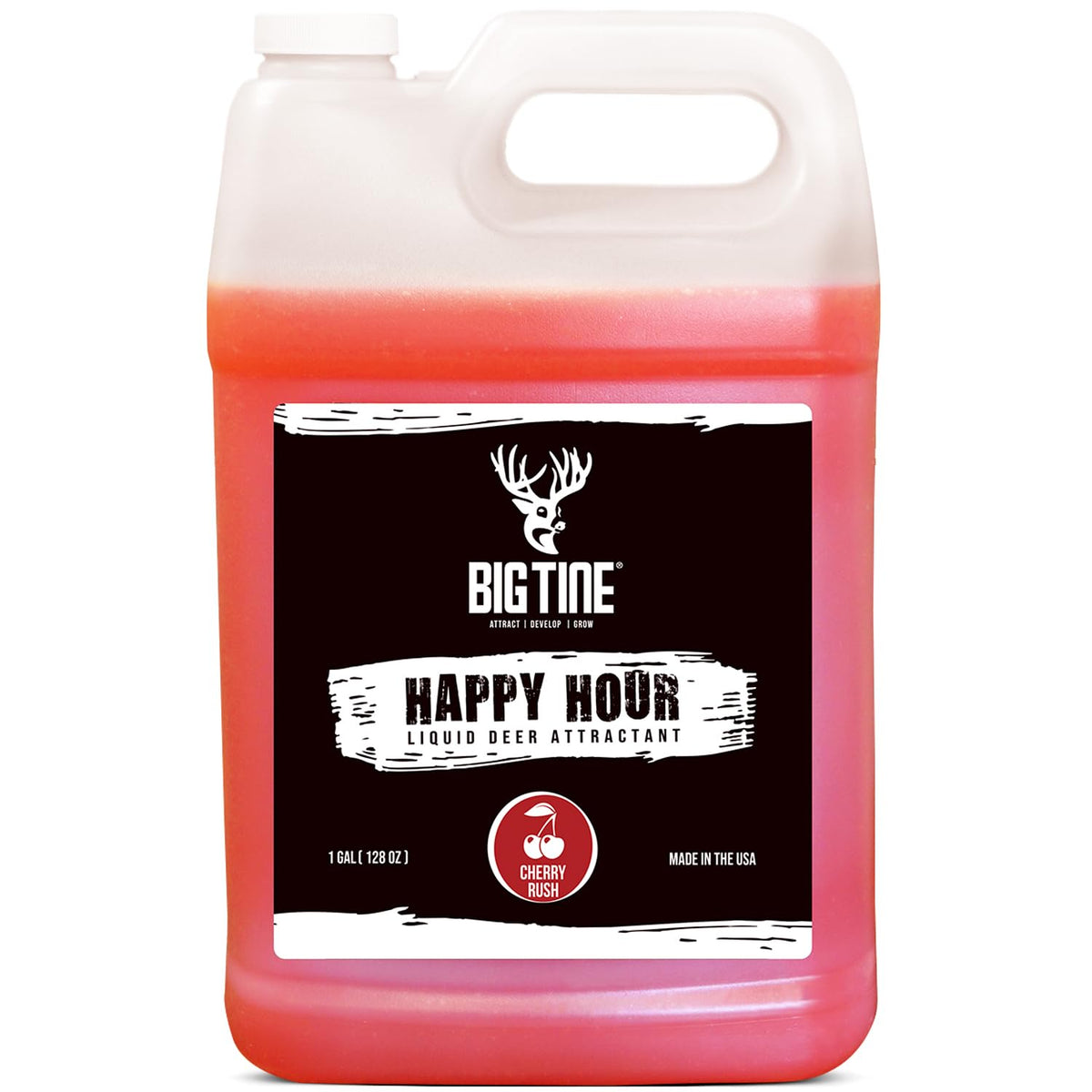 Big Tine Happy Hour liquid deer mineral attractant with Cherry Rush scent and flavor