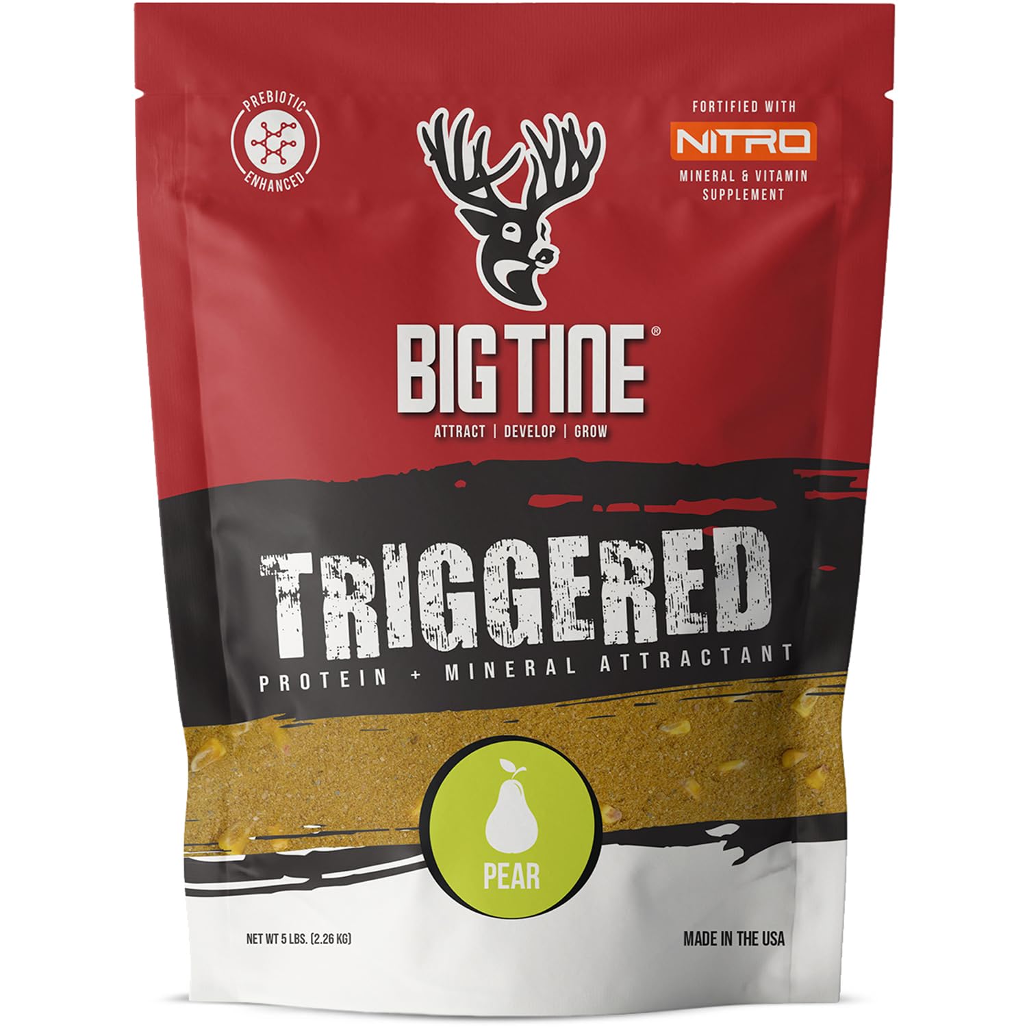 Big Tine Triggered pear flavor attractant in a 5 lb bag for deer feeding