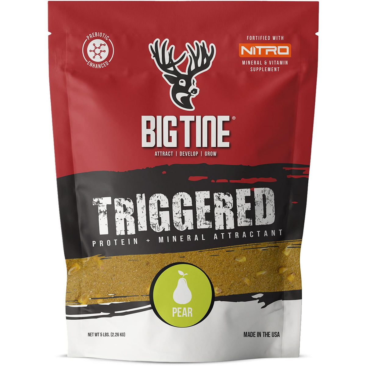 Big Tine Triggered pear flavor attractant in a 5 lb bag for deer feeding