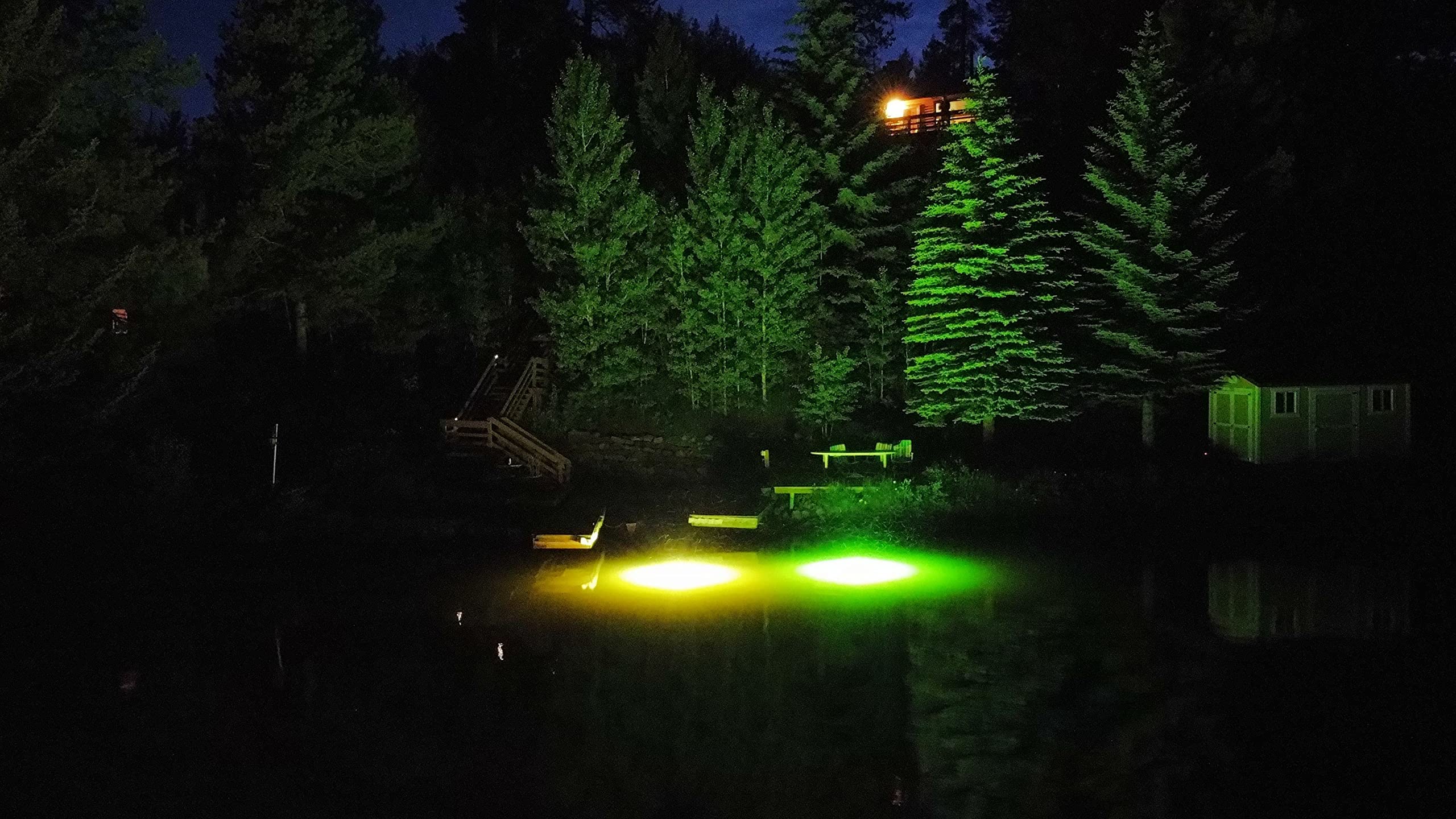 Big Water Lights green LED system creates bright, visible underwater glow.