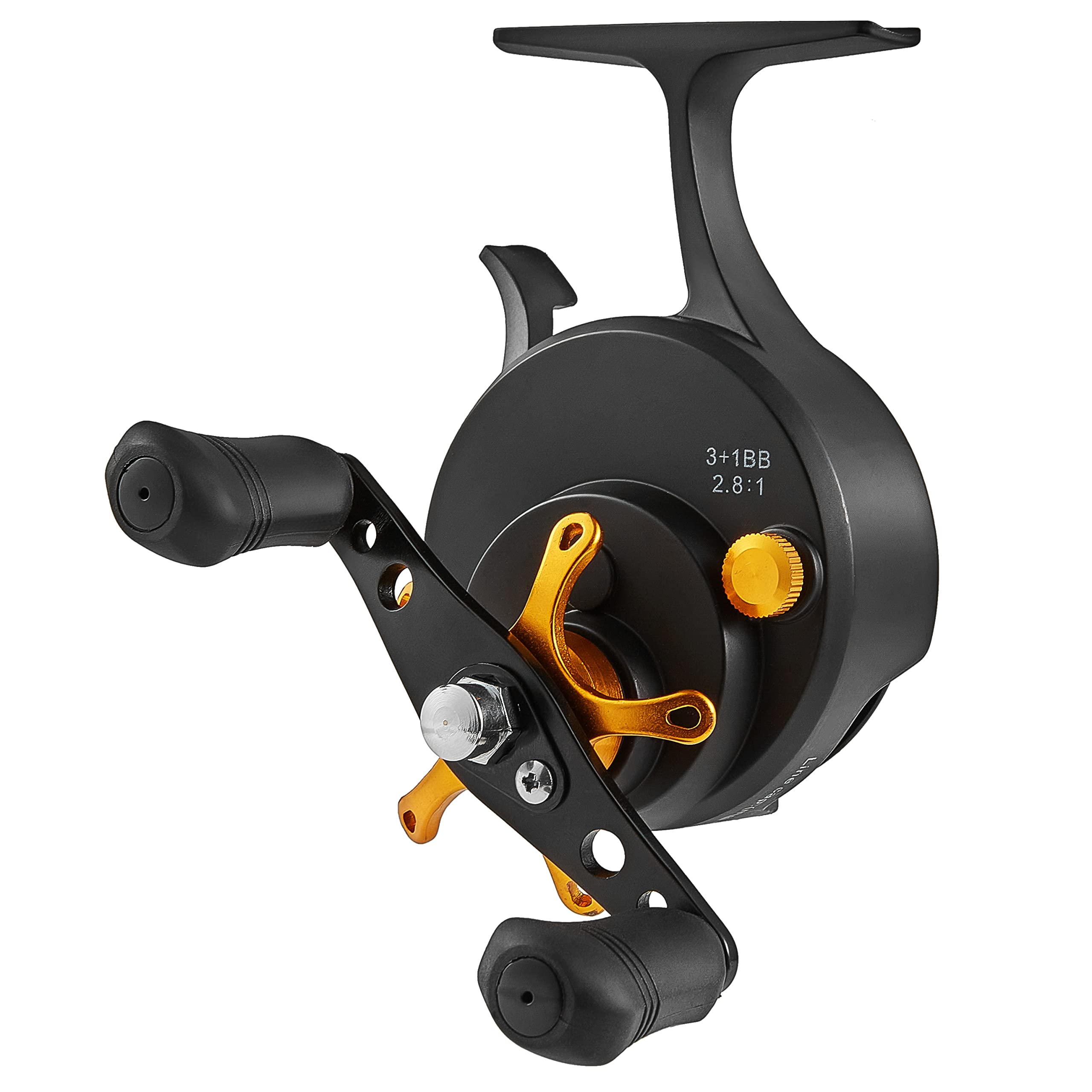 Bigchub inline ice fishing reel left-hand design for comfortable retrieval.