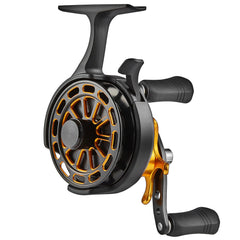 Bigchub inline ice fishing reel spool shows CNC aluminum construction for durability.