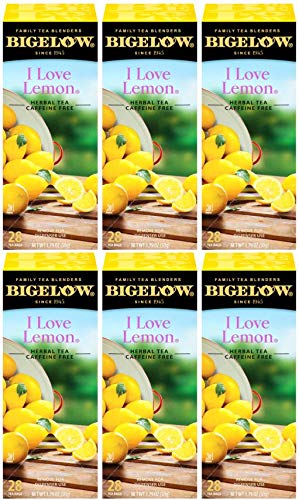 Bigelow I Love Lemon tea boxes front, caffeine-free citrus aroma.