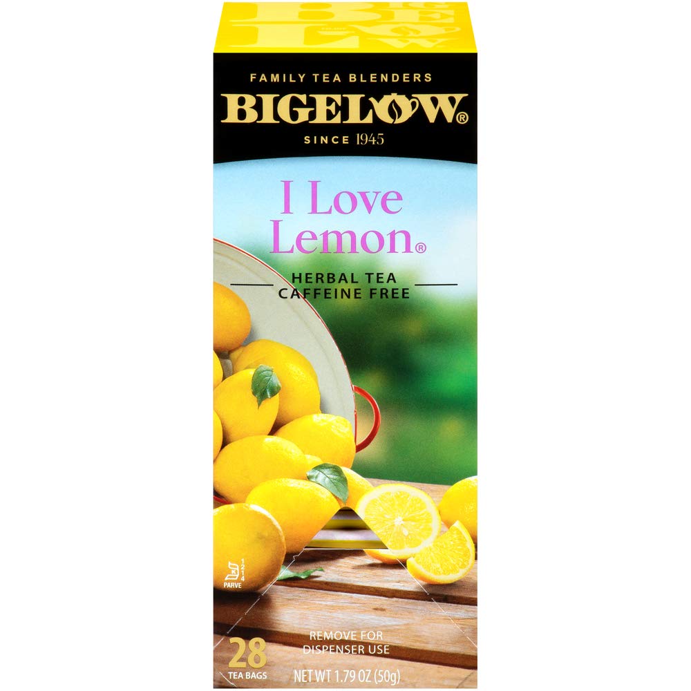 Bigelow I Love Lemon tea poured as iced tea with bright citrus hue.
