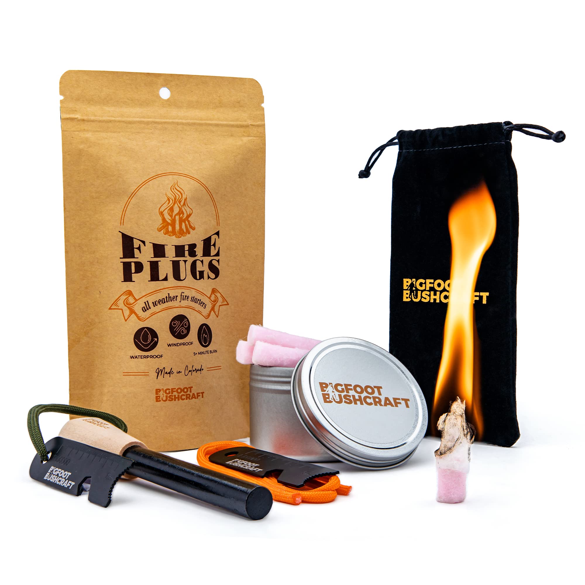 Bigfoot Bushcraft fire starter kit packaged in a compact tin for easy portability