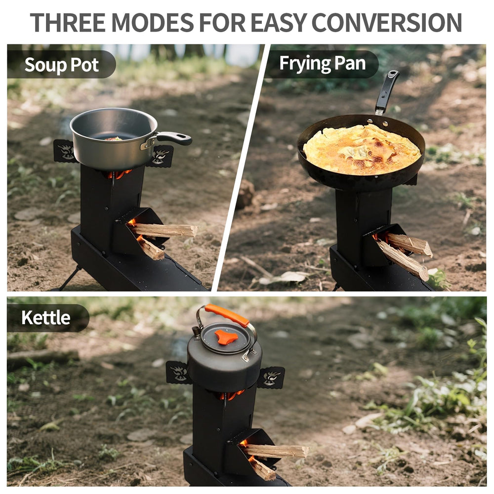 BiggerFire Rocket Stove detachable legs provide stable cooking on uneven ground