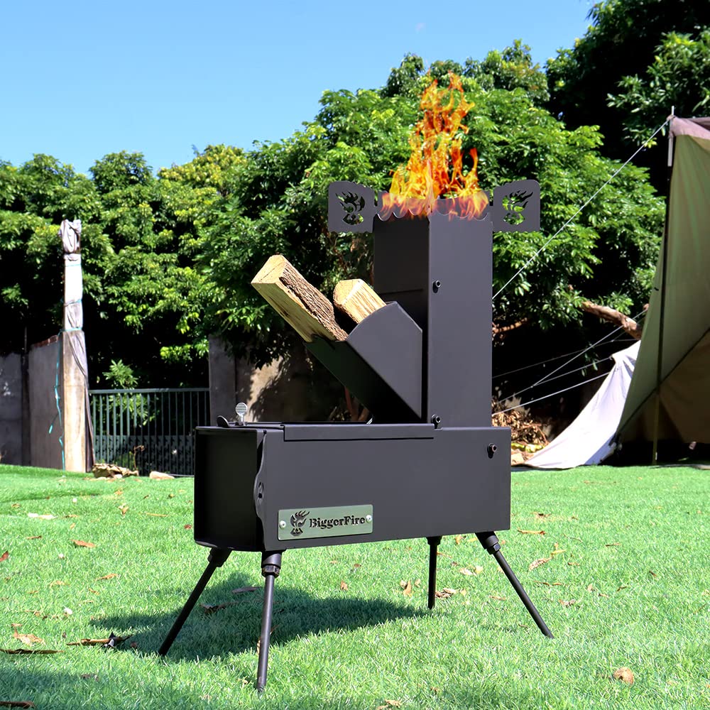 BiggerFire Rocket Stove folding demonstrates compact portable design for quick outdoor meals