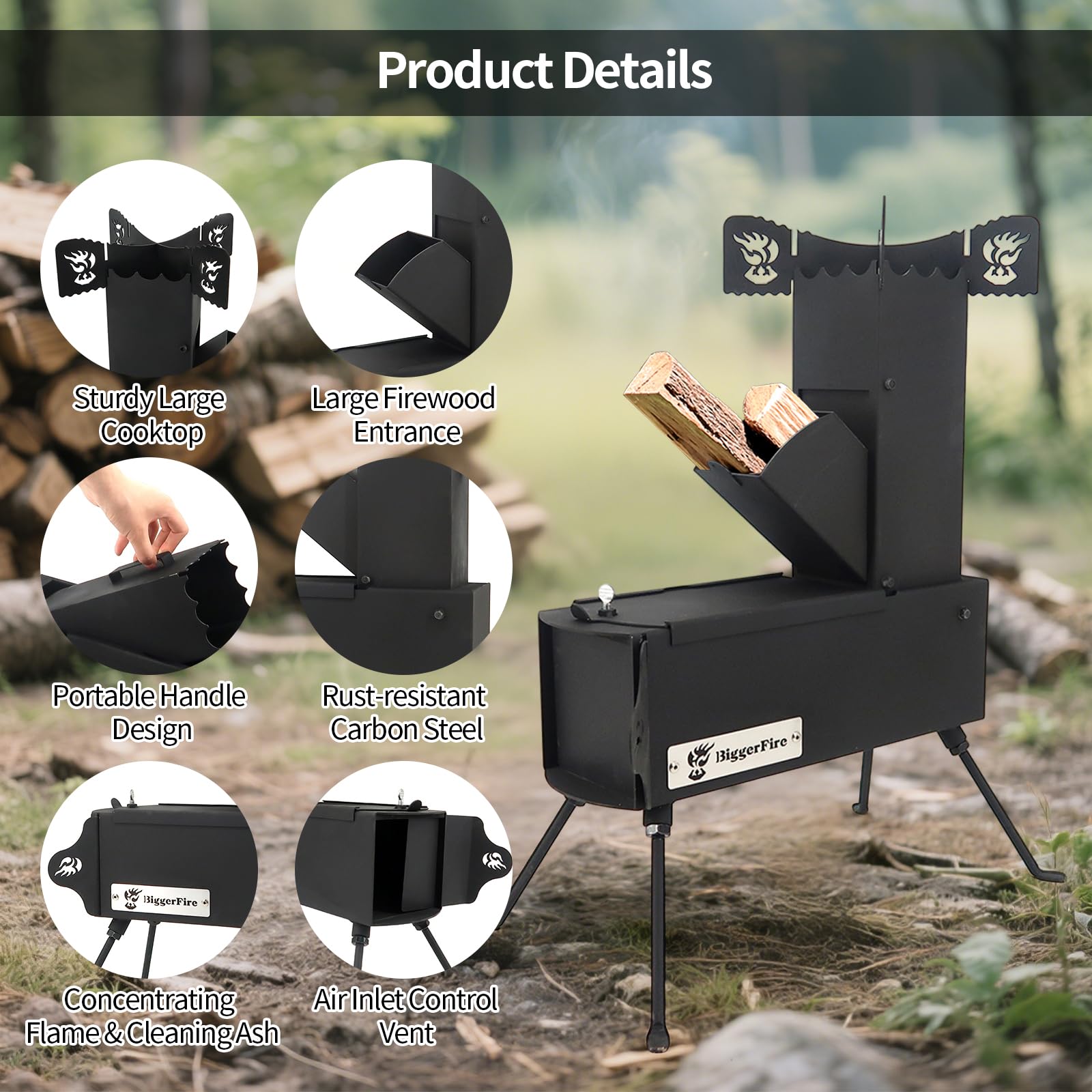 BiggerFire Rocket Stove fuel chamber enables longer burns with less refueling