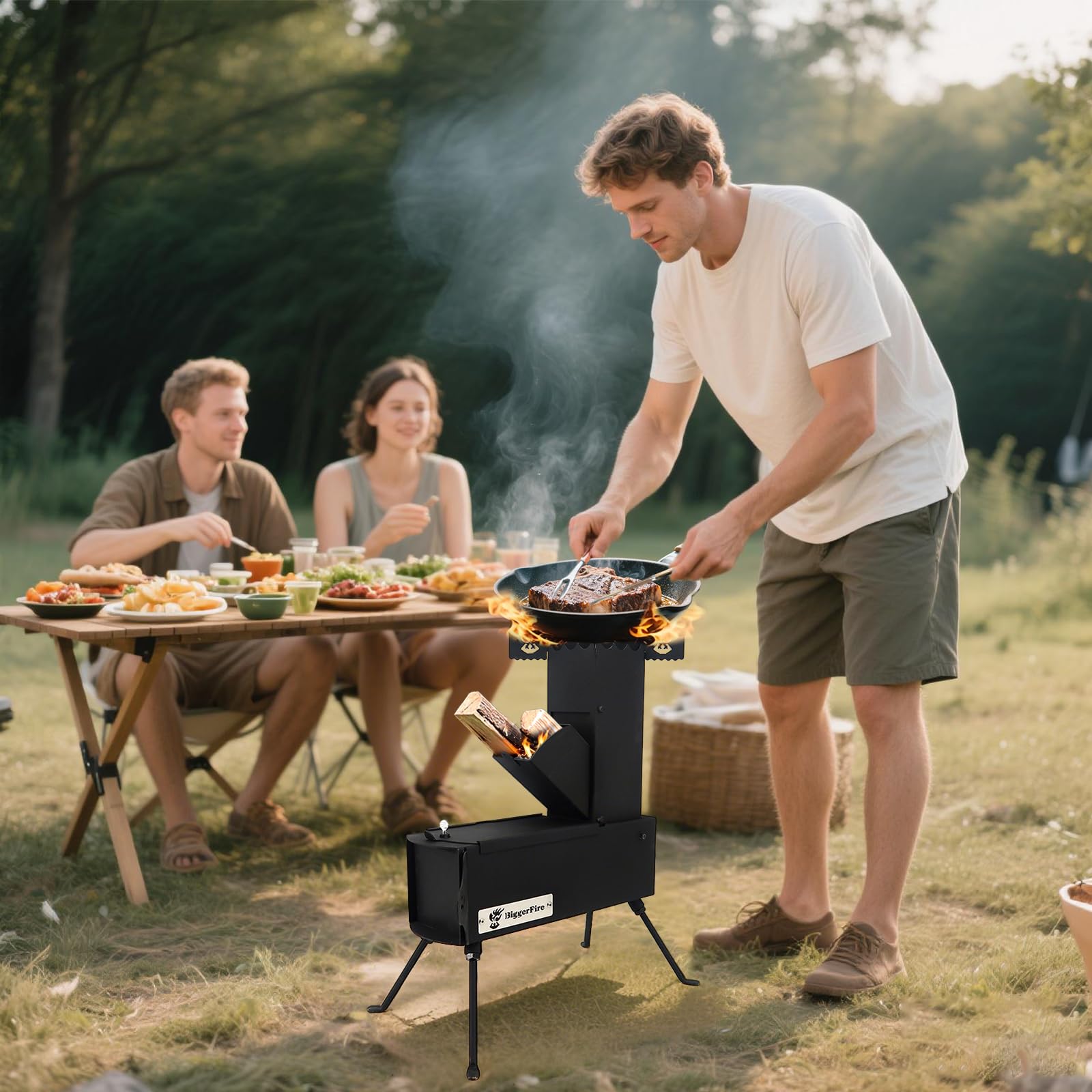 BiggerFire Rocket Stove large cooktop supports kettles and pans for efficient cooking