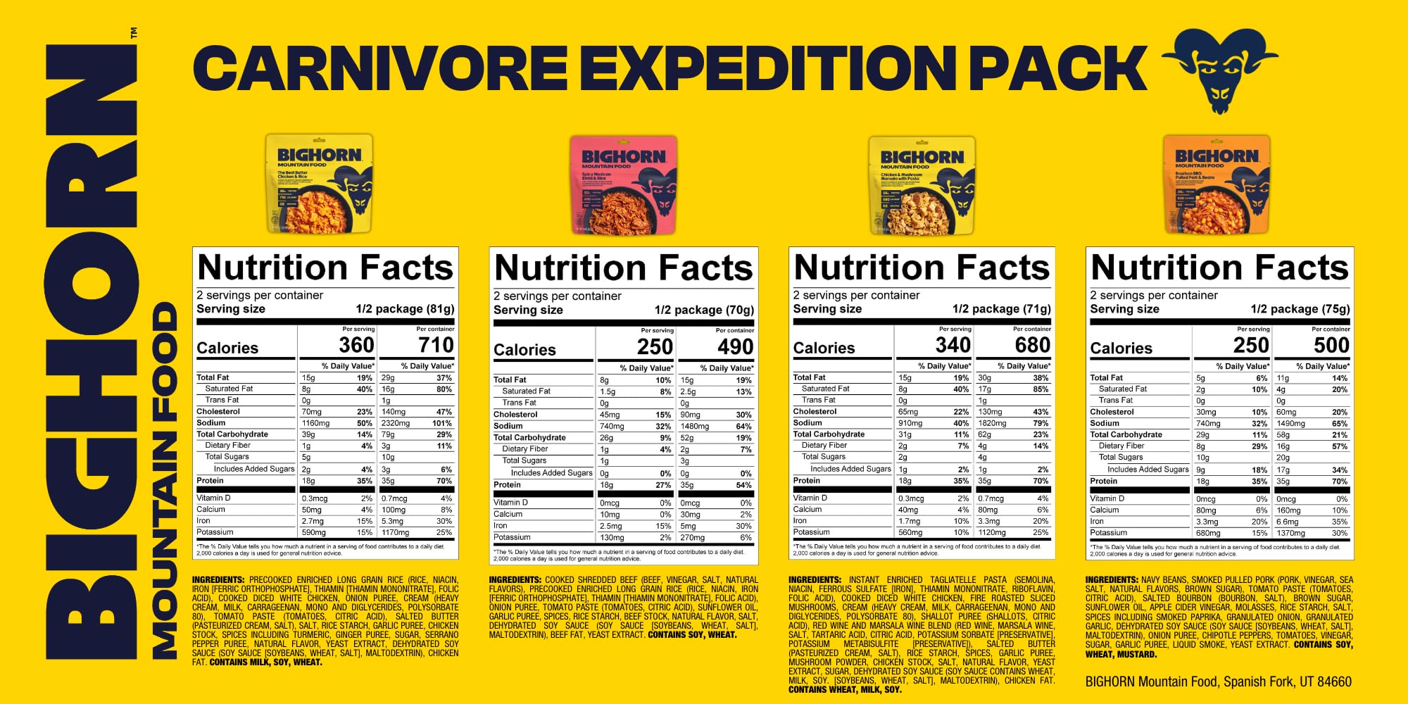 BIGHORN Mountain Food Carnivore Expedition Pack meal pouches ready for quick trail meals.
