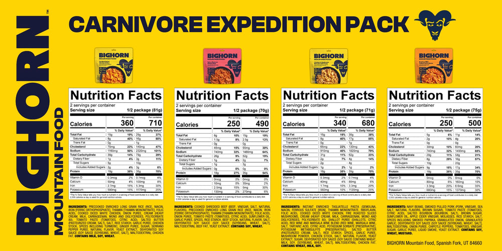 BIGHORN Mountain Food Carnivore Expedition Pack meal pouches ready for quick trail meals.