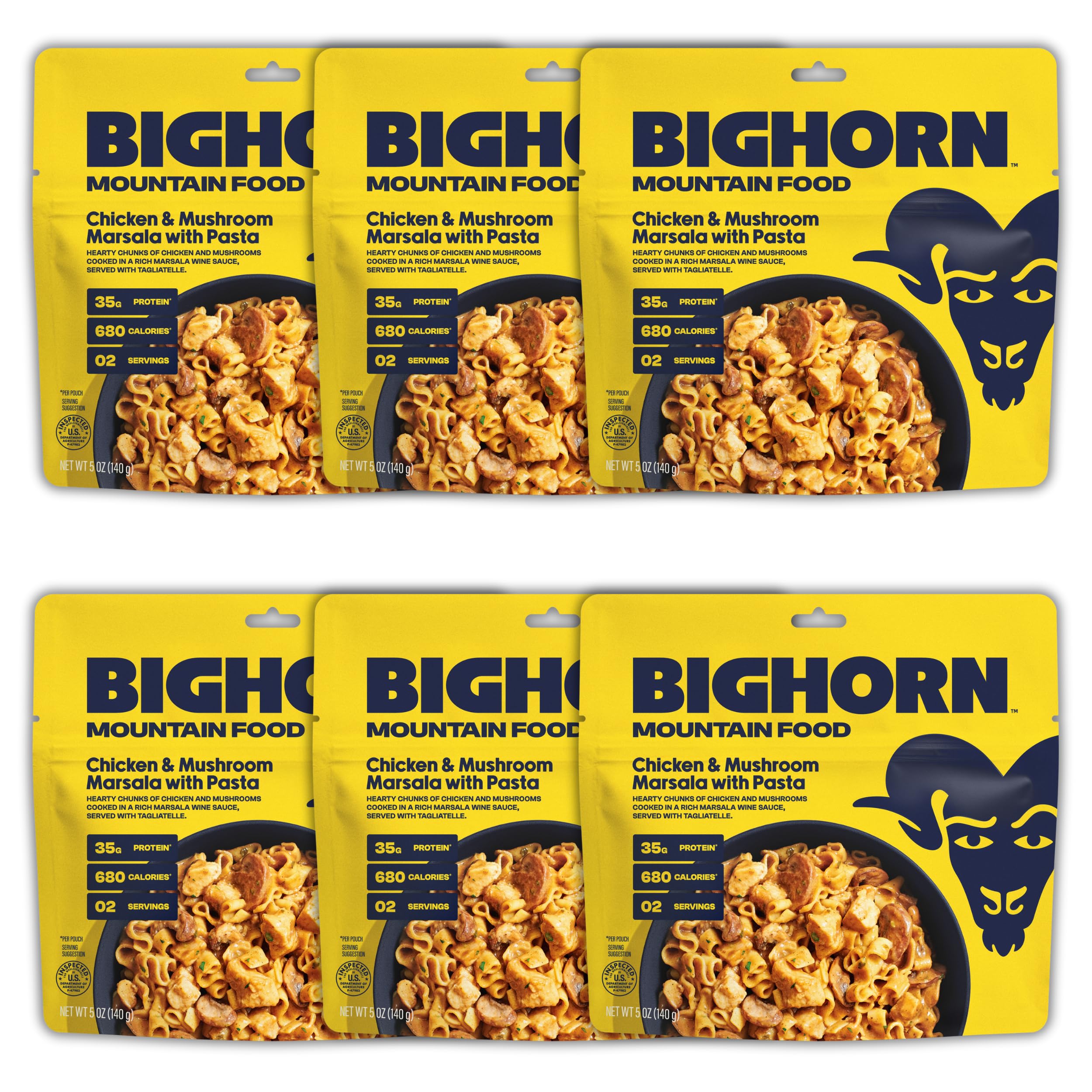BIGHORN Mountain Food chicken-mushroom-marsala with noodles pouch close-up, high-protein backpacking meal