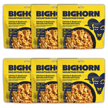 BIGHORN Mountain Food chicken-mushroom-marsala with noodles pouch close-up, high-protein backpacking meal
