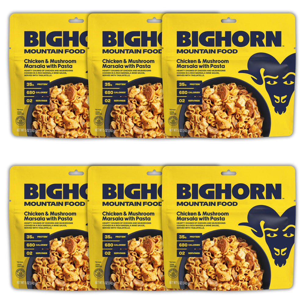 BIGHORN Mountain Food chicken-mushroom-marsala with noodles pouch close-up, high-protein backpacking meal