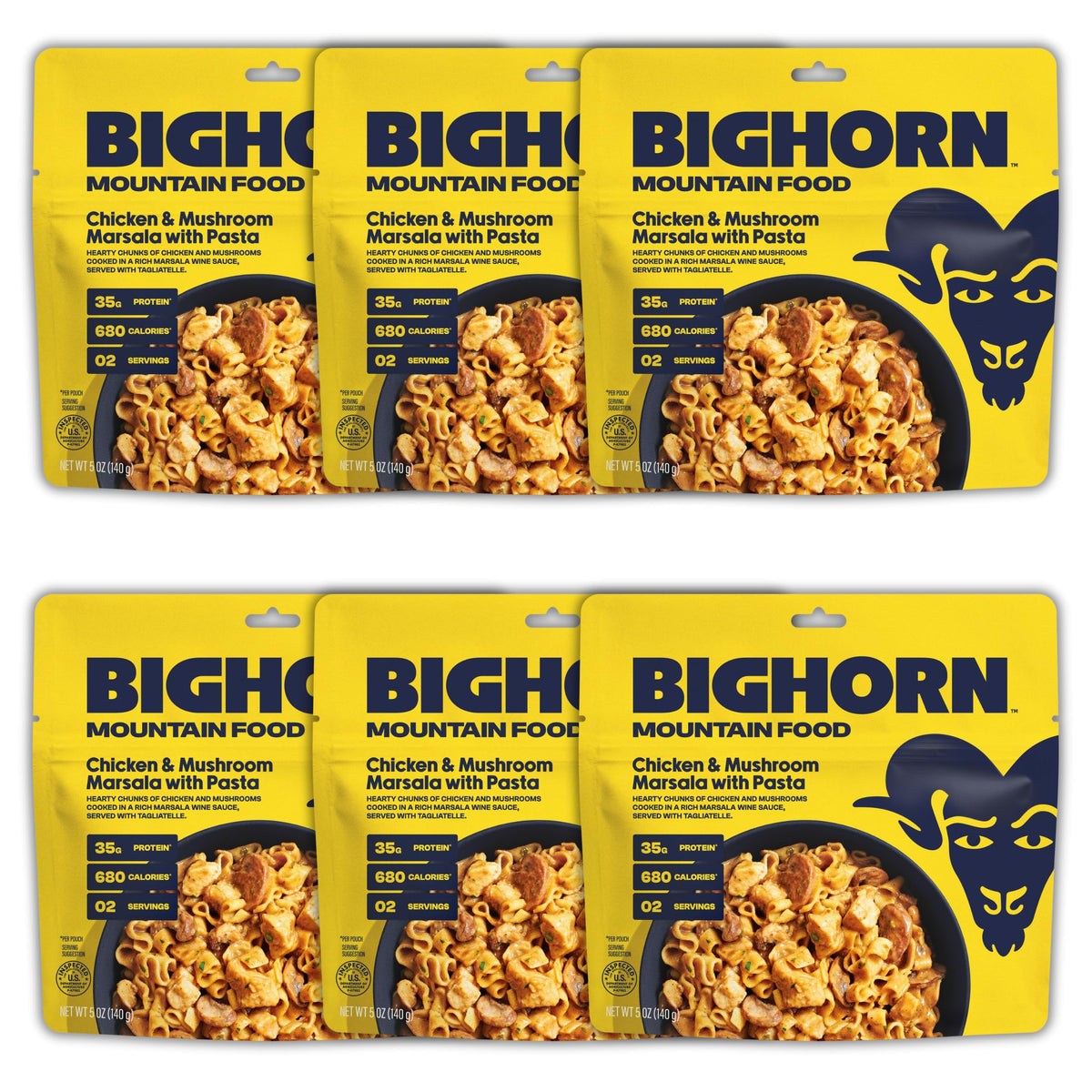 BIGHORN Mountain Food chicken-mushroom-marsala with noodles pouch close-up, high-protein backpacking meal