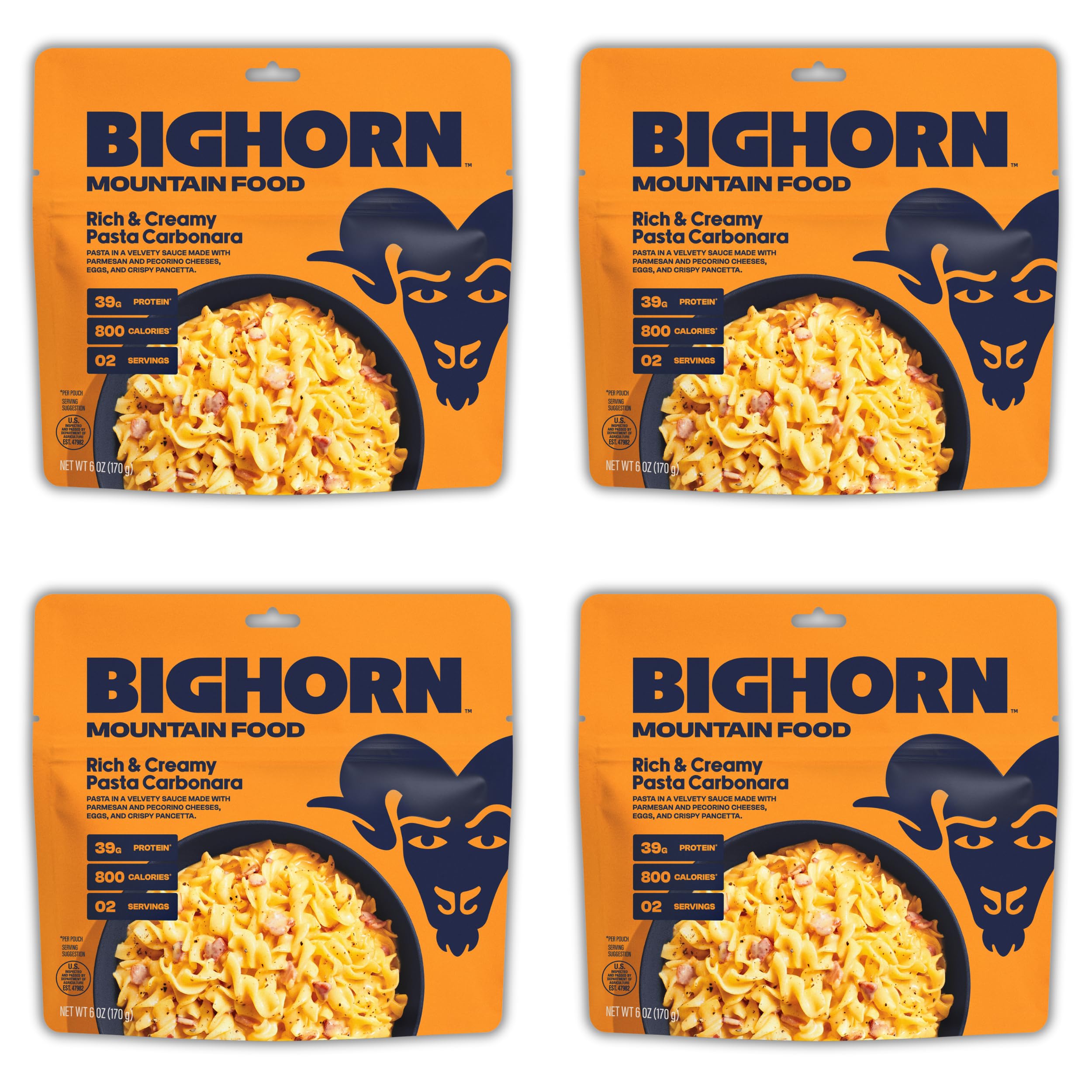 BIGHORN Mountain Food rich creamy pasta carbonara packaging shows convenient camping meal
