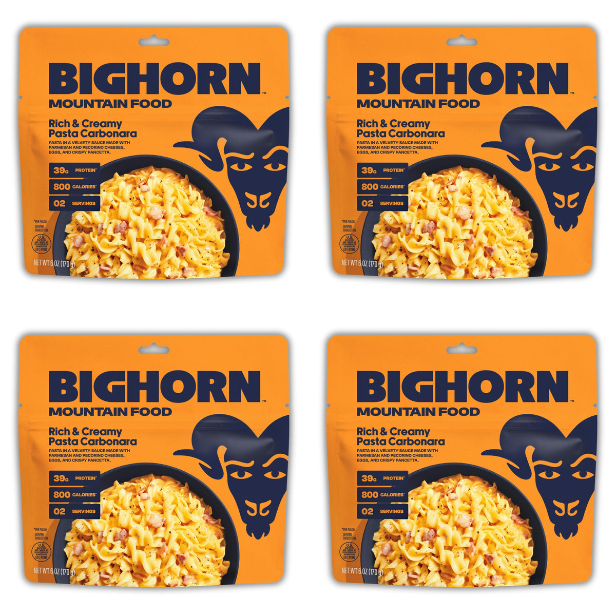 BIGHORN Mountain Food rich creamy pasta carbonara packaging shows convenient camping meal