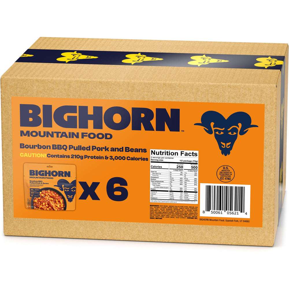 BIGHORN Mountain Food six packs on table ideal for group camping planning.