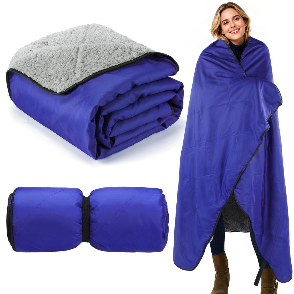 Bigmeta waterproof stadium blanket with blue Oxford front for outdoor events.