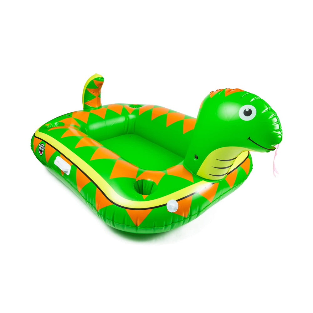 BigMouth Inc snake-shaped inflatable water cooler on calm pool water, keeping drinks chilled.