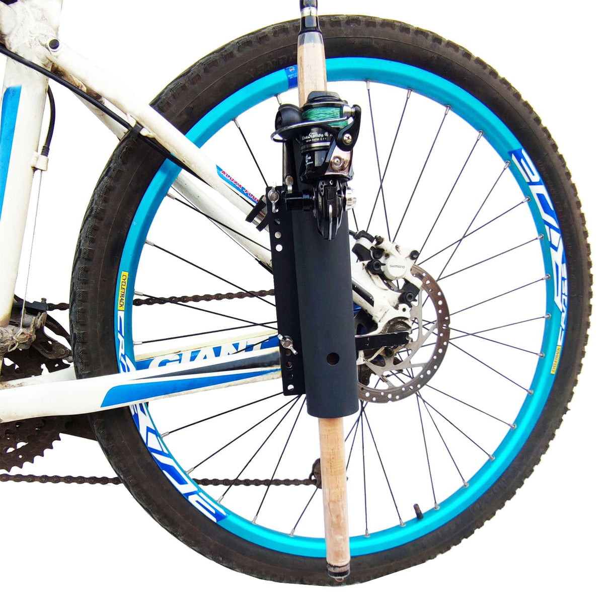 Bike fishing rod holder mounted on bicycle frame