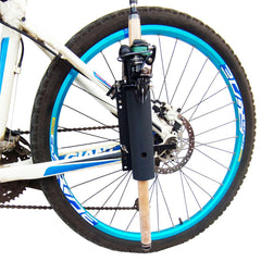 Bike fishing rod holder mounted on bicycle frame