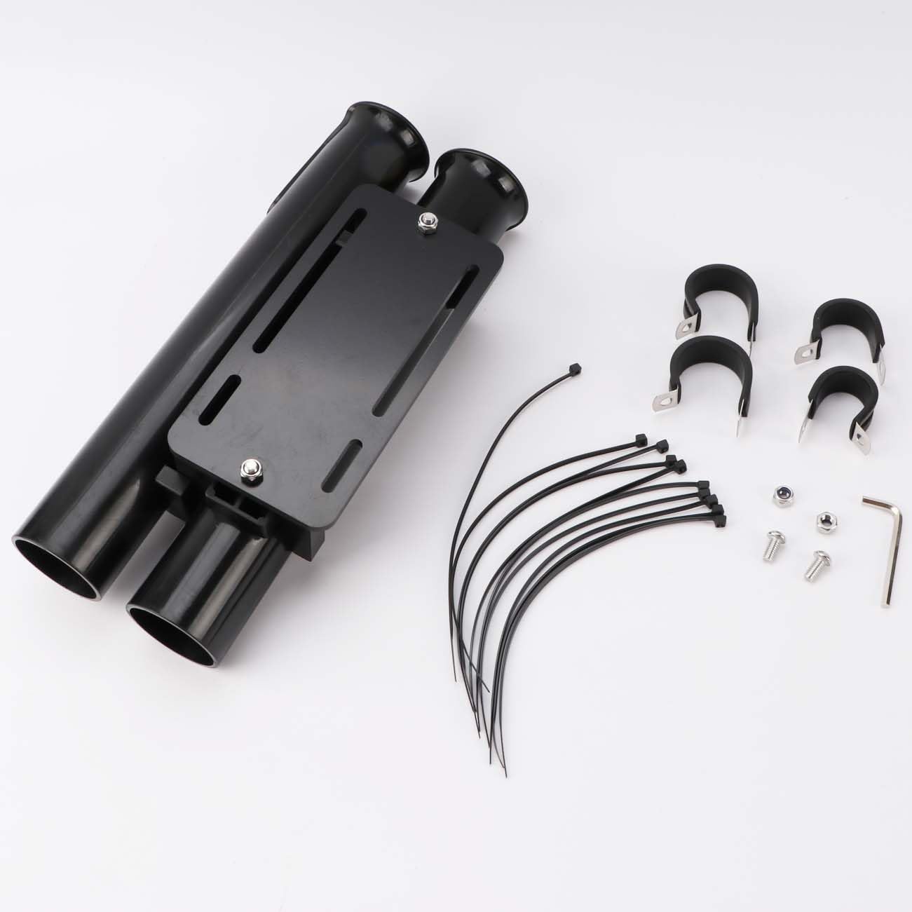 Bicycle mounted rod holder securely carrying two fishing rods during ride.