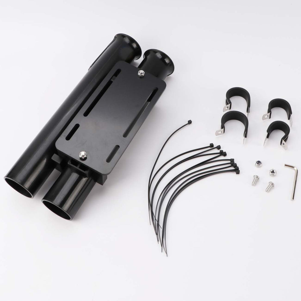 Bicycle mounted rod holder securely carrying two fishing rods during ride.