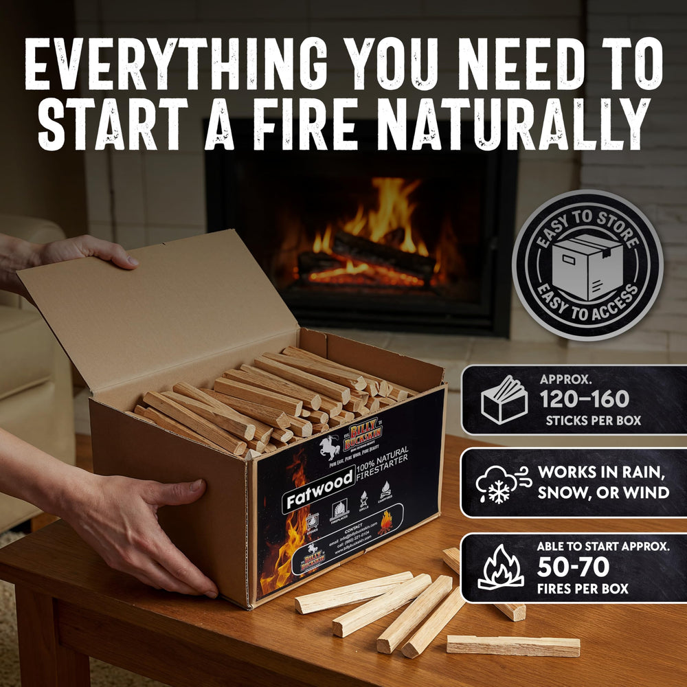 Billy Buckskin fatwood harvested naturally for eco-friendly, chemical-free fire-starting.