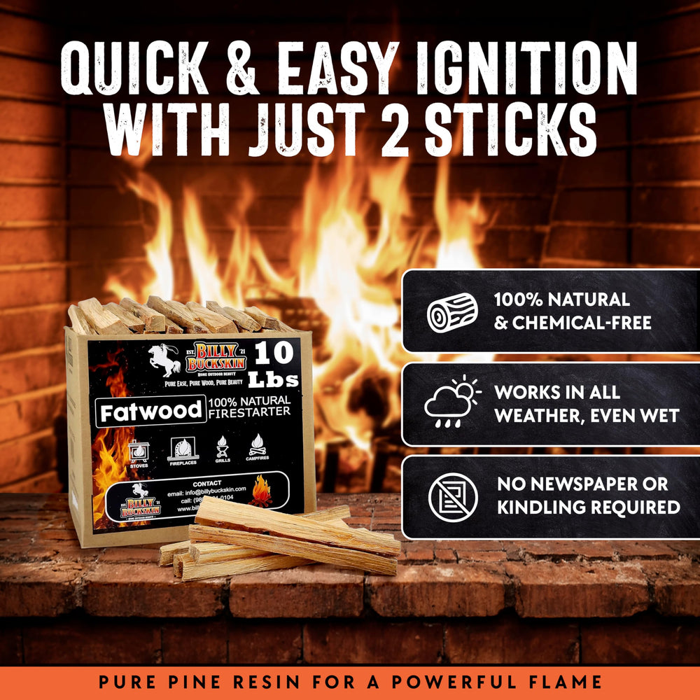 Billy Buckskin resin-rich fatwood flame for easy indoor fireplace or outdoor pit.