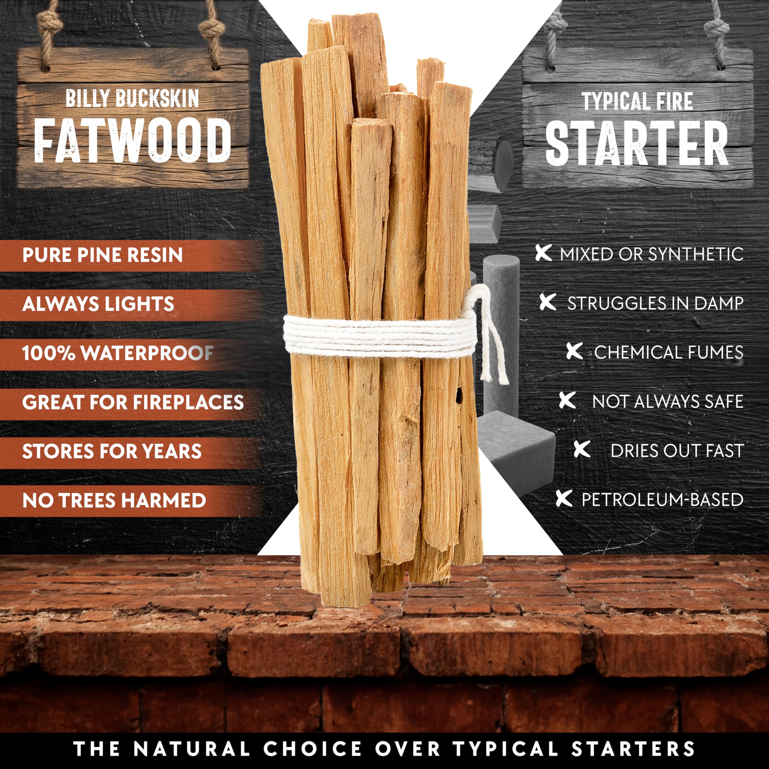 Billy Buckskin fatwood sticks create steady flame in any weather for warmth.