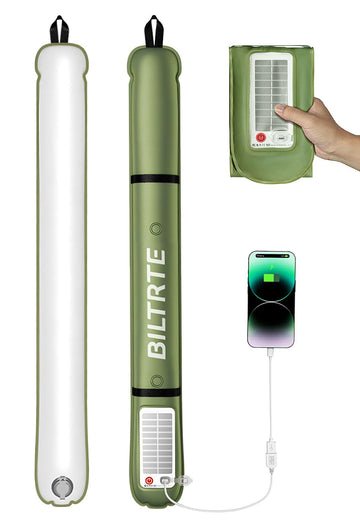 Biltrte inflatable solar camping lantern folded compactly for backpacking storage.