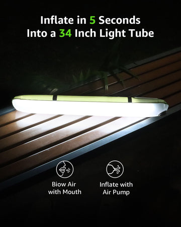 Biltrte inflatable solar camping lantern inflated into a 34-inch light tube for wide-area lighting.