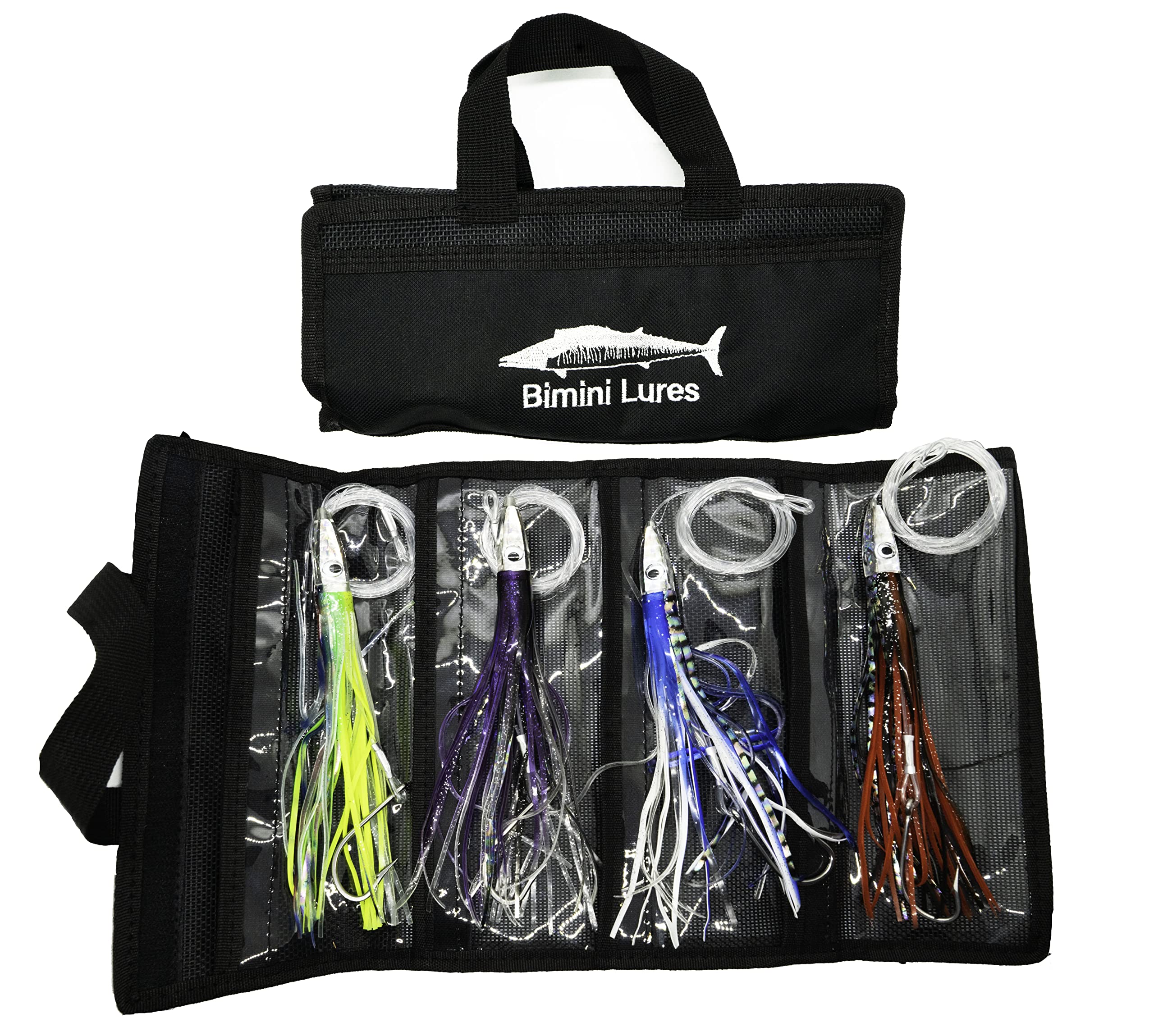 Bimini Lures offshore trolling lure set of 4 in action, ready for big pelagic fish.
