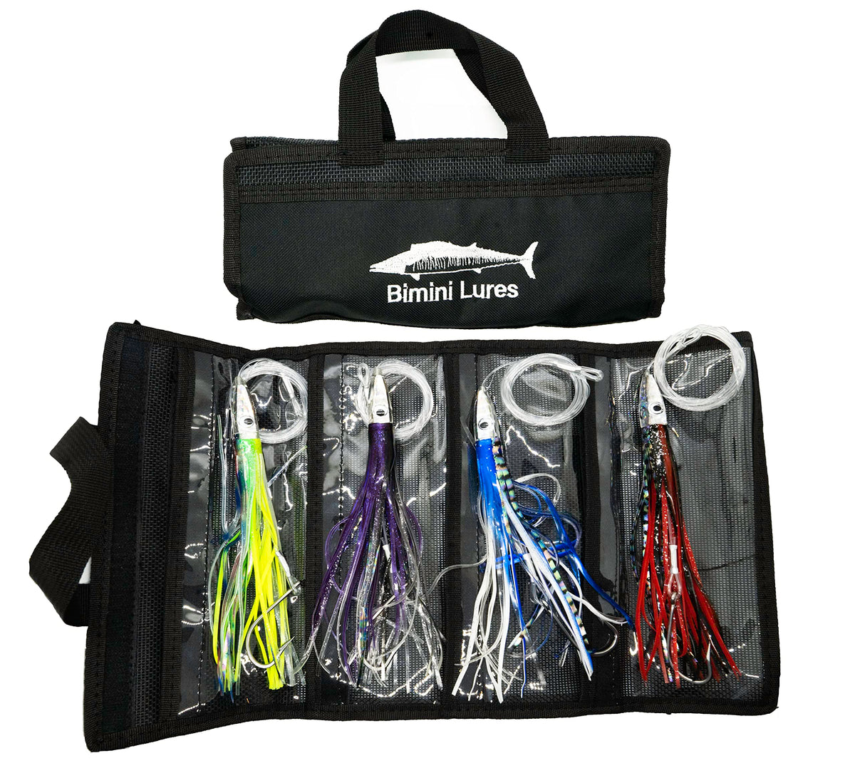 Bimini Lures offshore trolling lure set of 4 in action, ready for big pelagic fish.