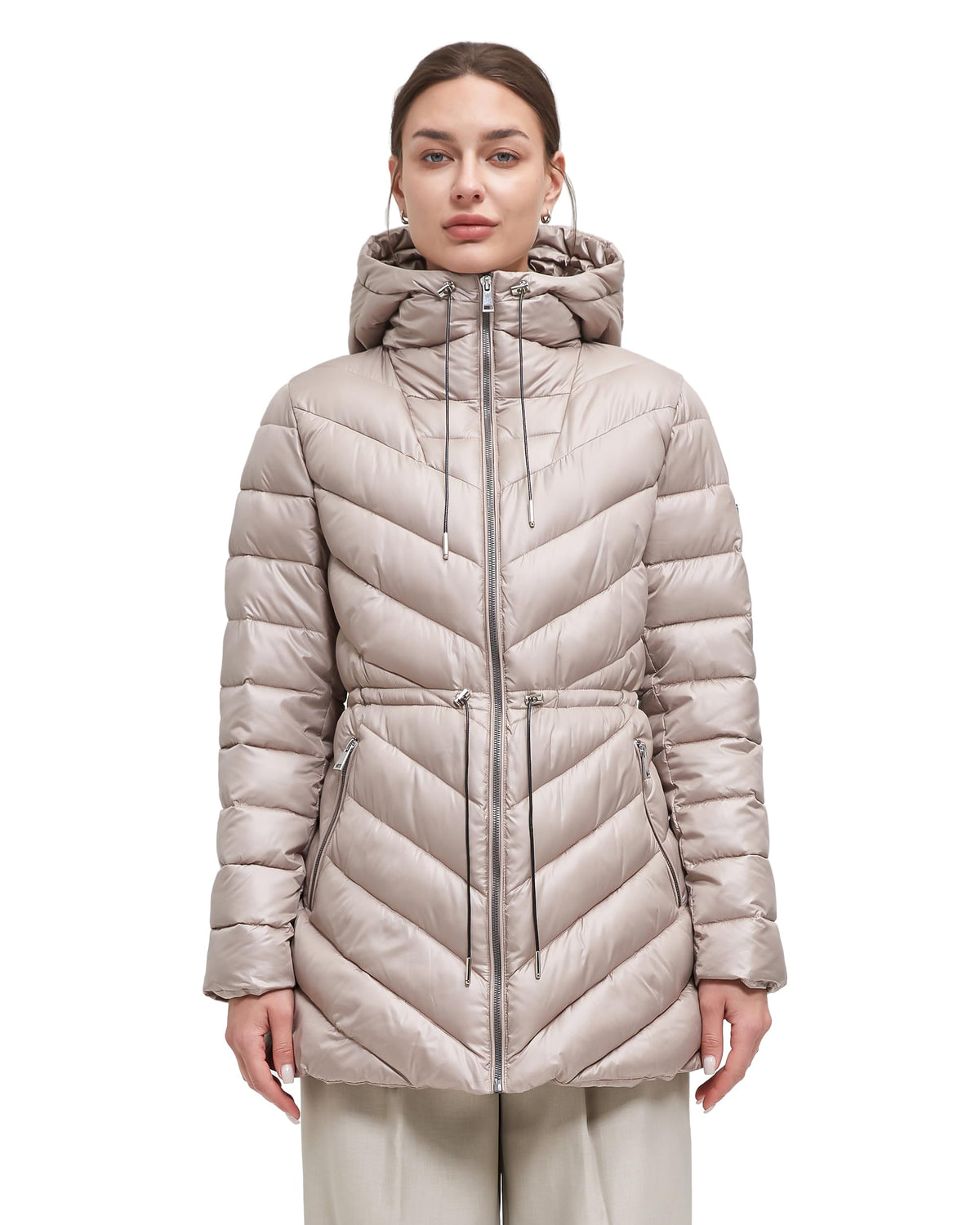BINACL women's long hooded taupe coat front view shows sleek shine and warmth potential