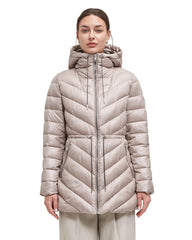 BINACL women's long hooded taupe coat front view shows sleek shine and warmth potential