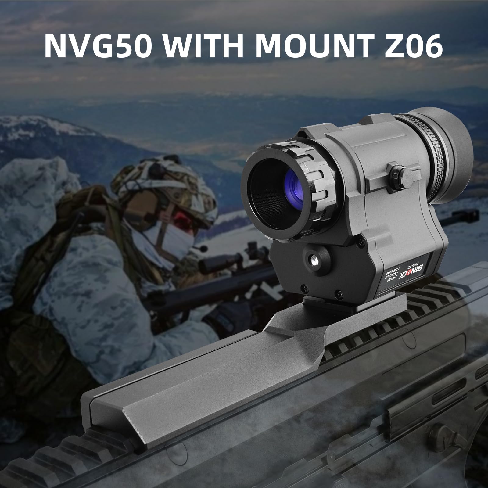 BINOCK NVG50 helmet rifle-mount-ready demonstrates quick conversion for precise shooting in low light.