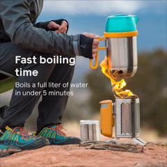 BioLite CampStove 2+ 3W thermoelectric generation powers a phone.