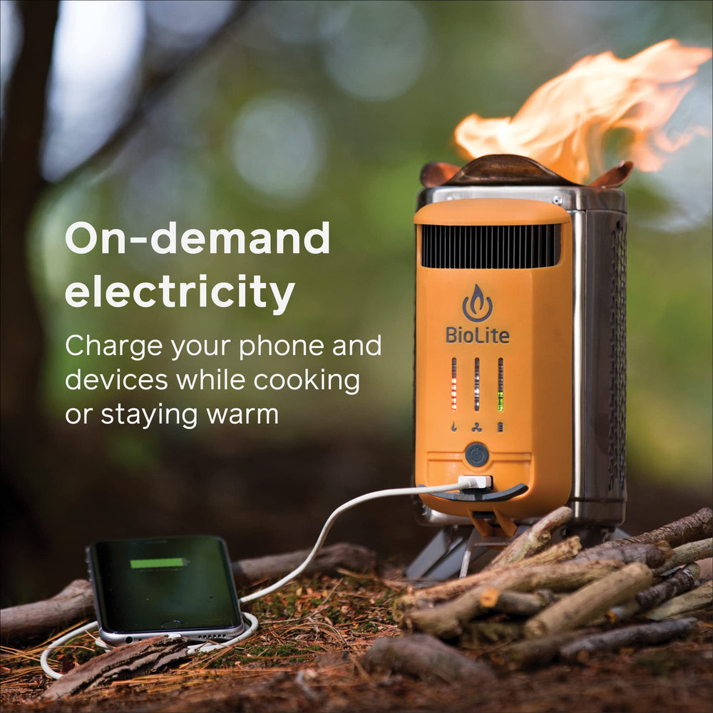 BioLite CampStove 2+ USB charging while cooking powers devices onsite.
