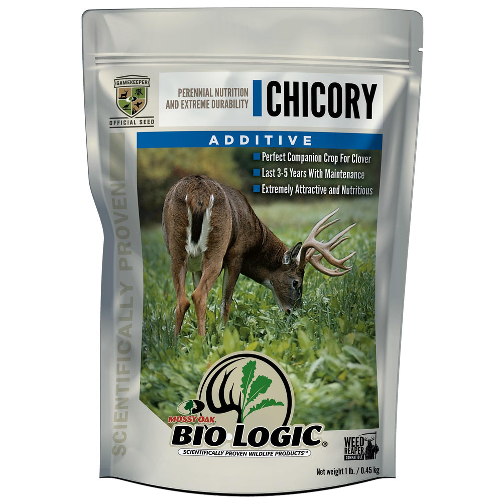 BioLogic Chicory Food Plot Additive bag shown for enhanced forage quality.